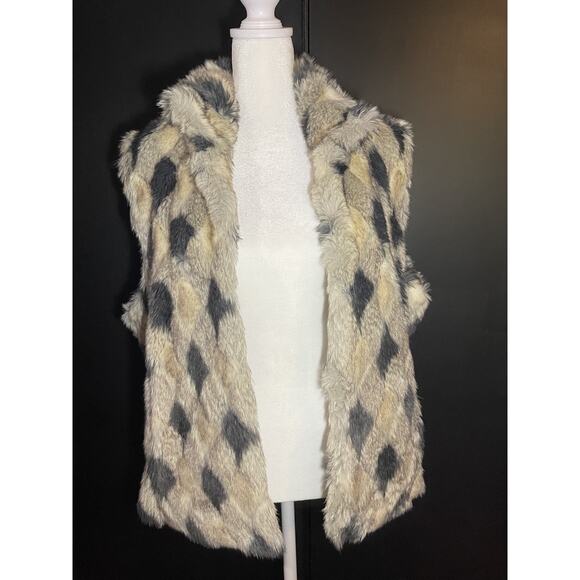 Pamela McCoy Vest Faux Fur Checkered Beige Black Gray Boho Pockets Woman's L - Picture 6 of 13